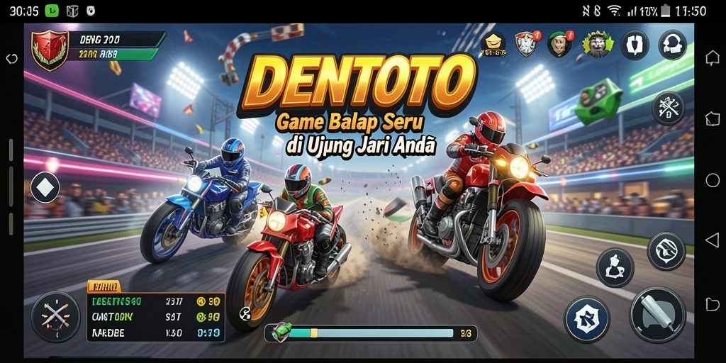 Screenshot DENTOTO menampilkan aksi balapan mendebarkan di trek.