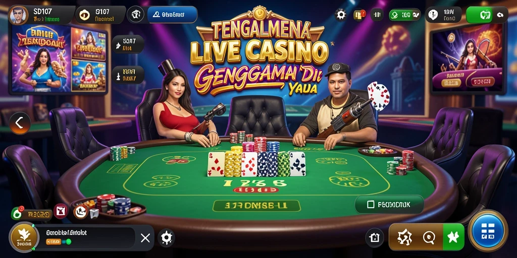 Screenshot gameplay SD107 menampilkan dealer profesional dan suasana kasino yang hidup.